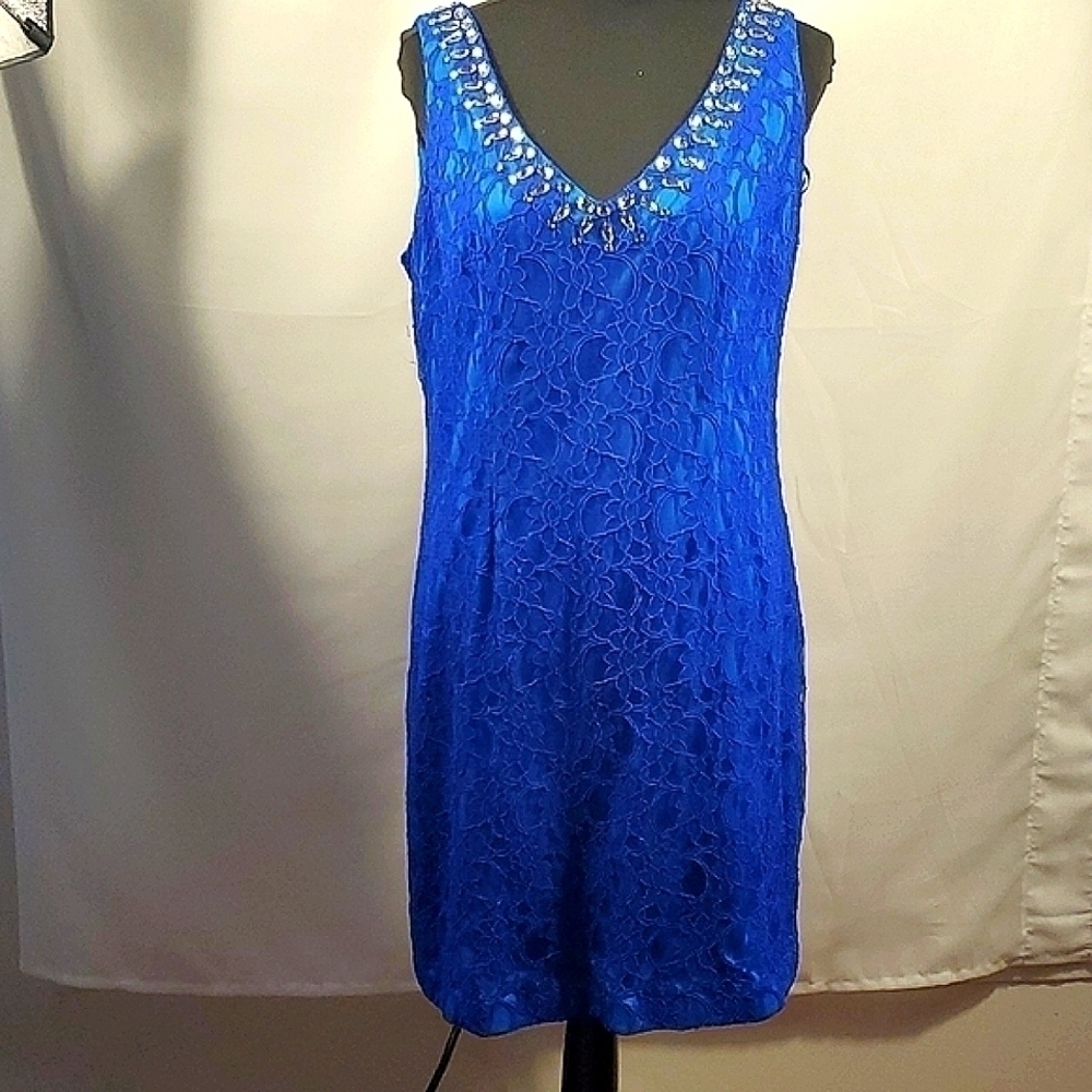 Adrianna Papell Hailey Blue Lace Evening Gown/Dress Size 14
